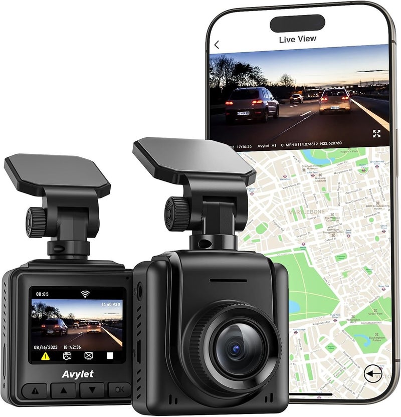Avylet Dash Cam WiFi 2K, Car Camera with APP, External GPS, 1.5'' IPS Screen, Front Dash Camera for Cars, Mini Dashcams, WDR Night Vision, 24H Parking Monitor, Loop Recording, G-Sensor - Image 1